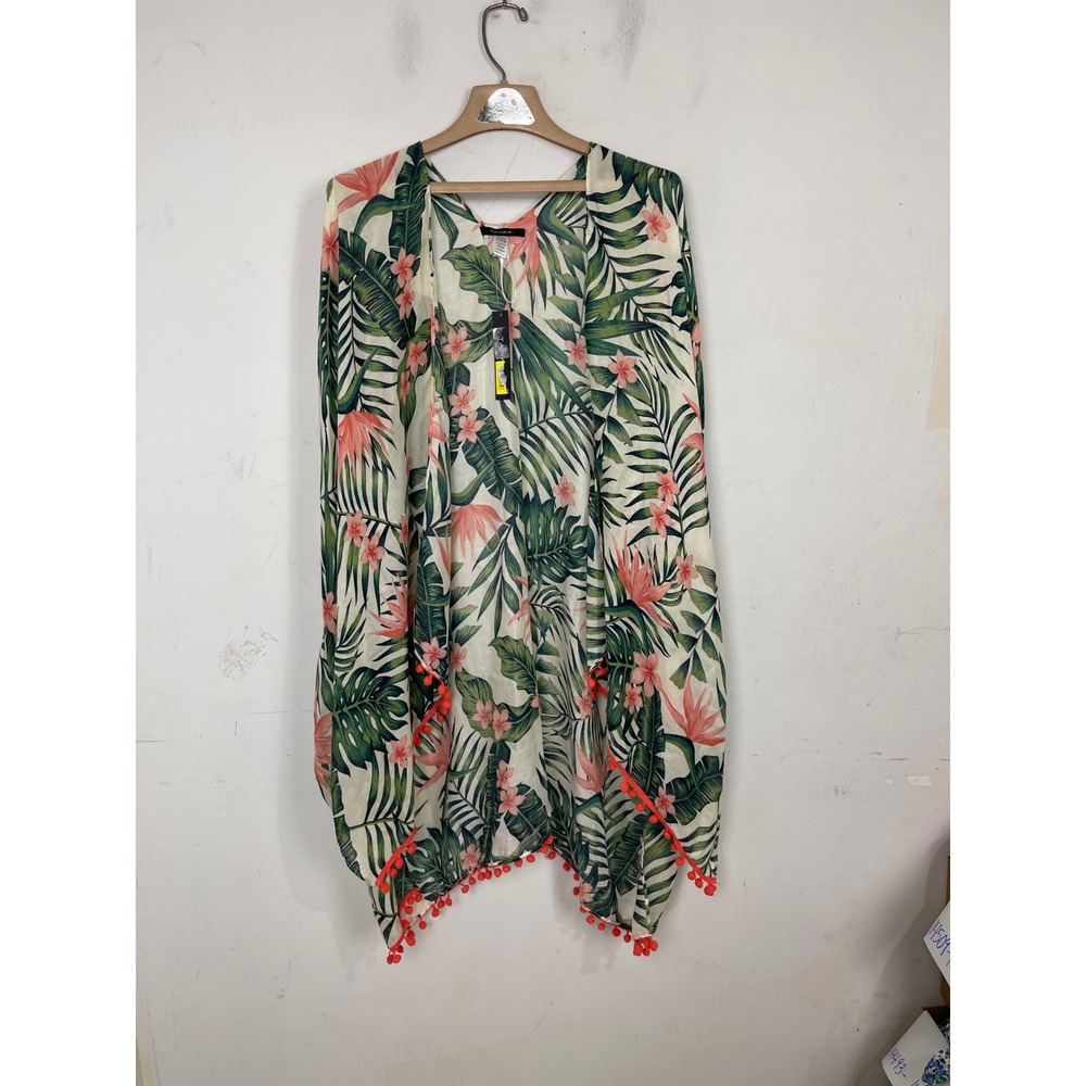 Tahari Tropical Palm Floral‎ Pom Pom Trim Kimono Cover Up TAWSP1256 OS NEW